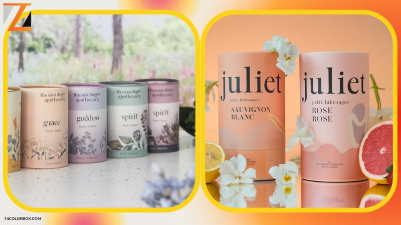 กล่องกระดาษทรงกระบอกแบรนด์ "Juliet" สีชมพูและส้ม สำหรับบรรจุเครื่องดื่ม วางพร้อมกับผลไม้ตกแต่งในบรรยากาศเรียบหรู