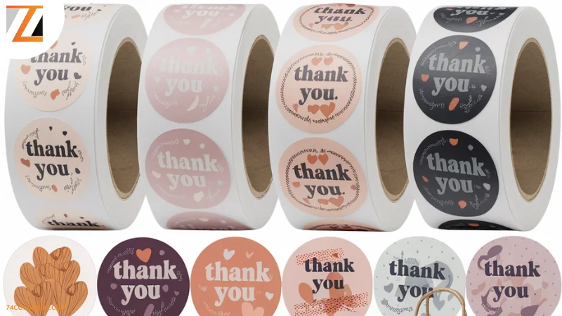 สติกเกอร์ม้วนลาย 'Thank You' หลากหลายสีในโทนอบอุ่น สไตล์มินิมอล เหมาะสำหรับติดบรรจุภัณฑ์และของขวัญในโอกาสพิเศษ